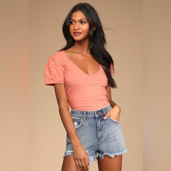 Free People Sugar Cube Womens Tee Shirt coral pink size xsmall smocked - Picture 8 of 8